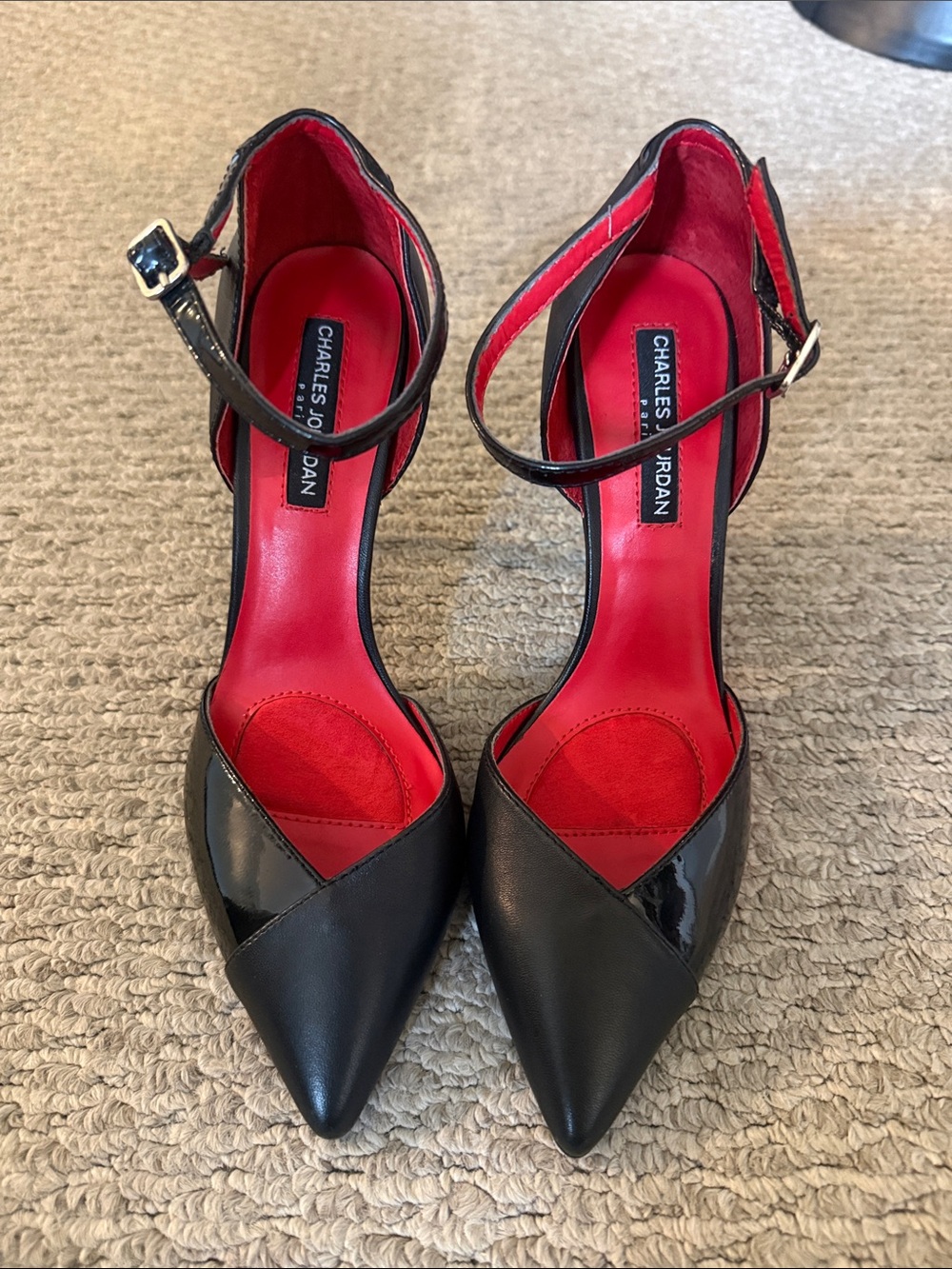 Charles Jourdan Pointed Ankle-Strap Pumps with Red Insole